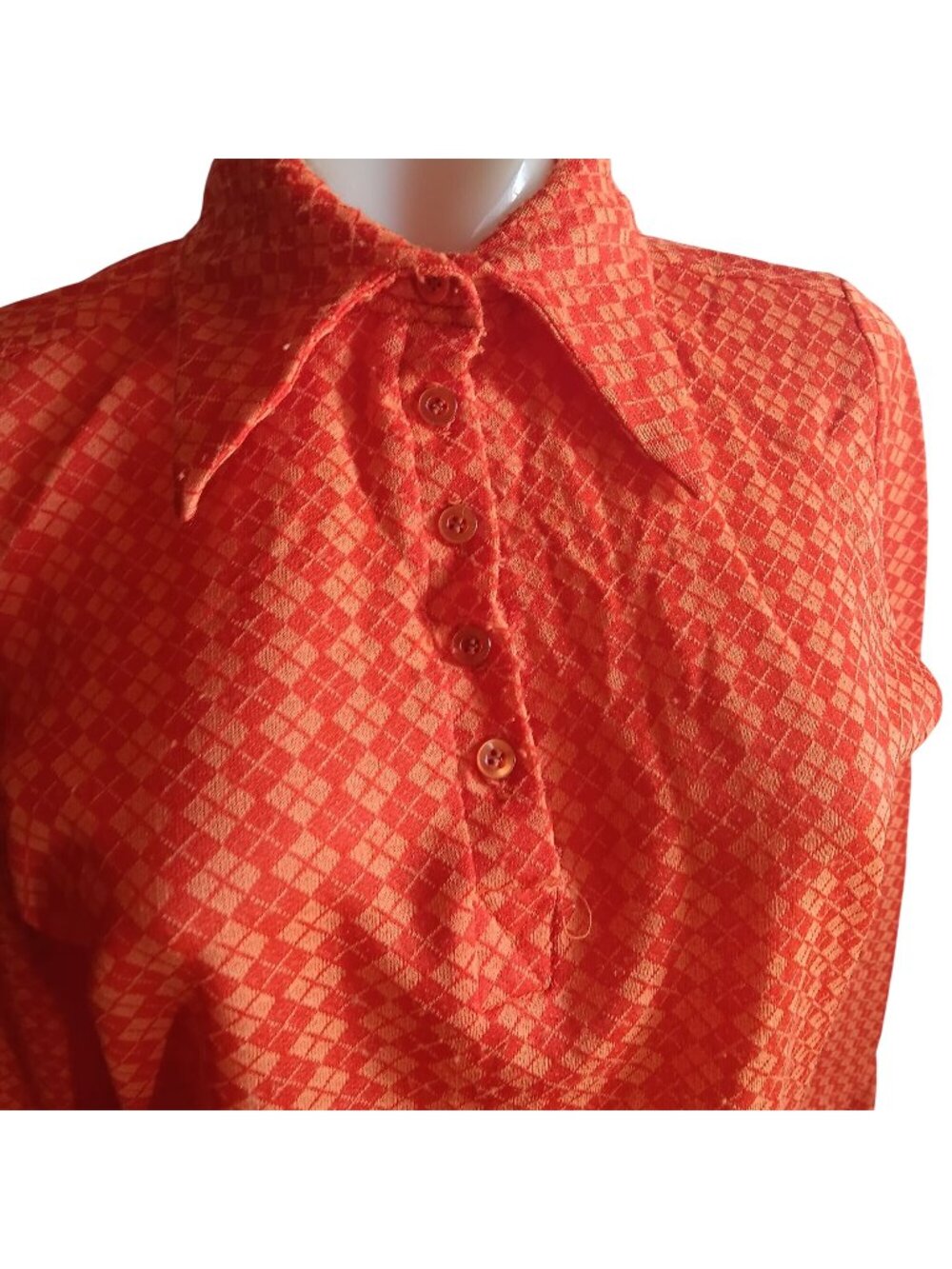 Medium 12 Vintage Top Blouse 1970s Womens Hot Orange Long Sleeve Geometric Mod